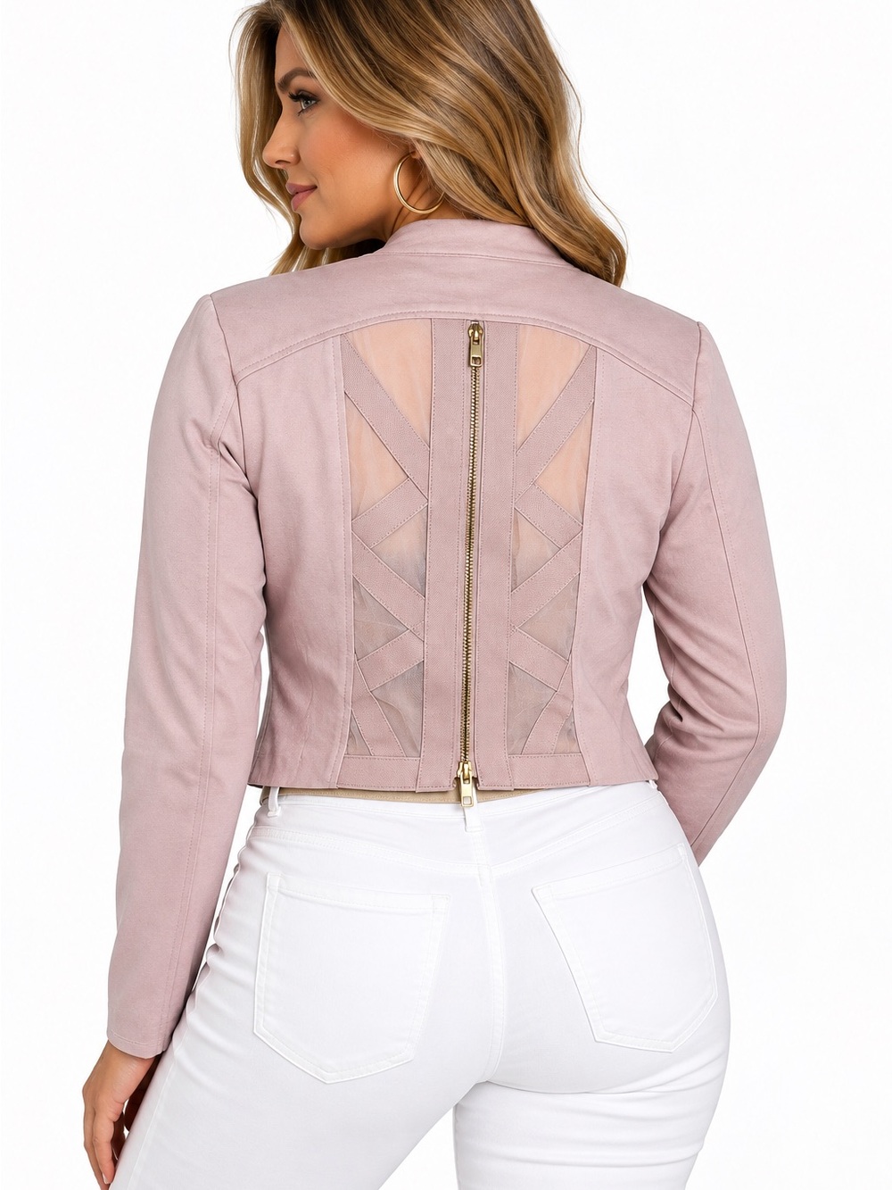 Shinestar XL Dusty Pink Cropped Jacket Gold Zip Mesh Back